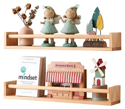 Image de Étagère murale en bois pour chambre d'enfant, lot de 2, étagère en bois de 60 cm de haut, étagère murale suspendue pour livres, contes et magazines.
