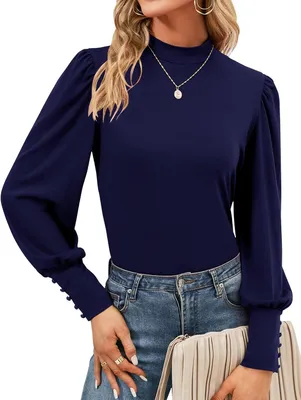 Productafbeelding van Dameblouse met lange pofmouwen en mock-hals in donkerblauw, geschikt voor herfst en winter