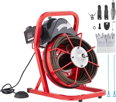 Obrázok produktu pre VEVOR stroj na čistenie potrubia 50 ft x 1/2 palca, kanalizačná špirála s ručným posuvom, 250 W elektrický stroj na čistenie potrubia so 4 frézami a nožným spínačom aktivovaným vzduchom