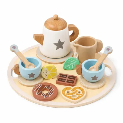 Produktbild von Holz-Teeset für Kinder – liebevolles Rollenspiel-Set mit Teekanne, 2 Tassen & Zubehör, KI-generiertes Bild