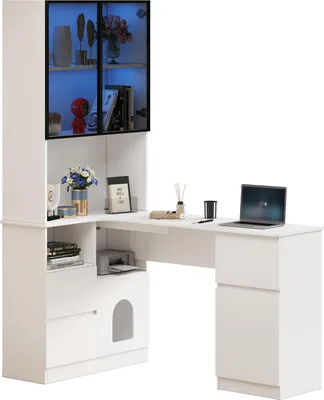 Produktbild von Merax Eckschreibtisch mit Regal und LED Glasvitrine, Schreibtisch mit 3 Schubladen, Haustierfach, Computertisch, Bürotisch, 120×80×180 cm, Weiß