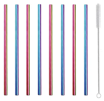 Obrázok produktu pre Nerezové slamky, farebné, 8 kusov, 6 mm x 150 mm, opakovane použiteľné, s čističom