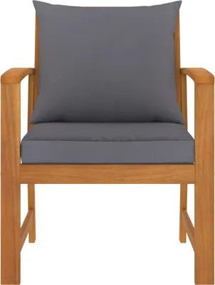 A front view of a wooden chair with dark gray cushions.