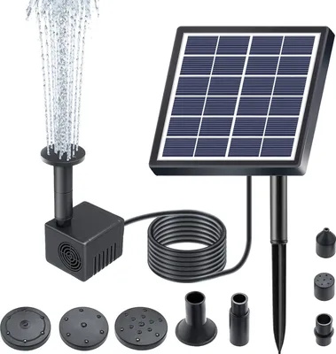 A solar-powered fountain pump with various nozzle attachments and a solar panel.