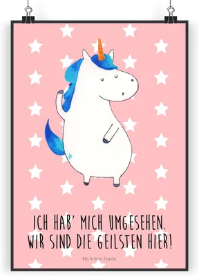 Produktbild von Mr. & Mrs. Panda Bild Einhorn Mann DIN A4 - Rot Pastell - Geschenk, Deko, wanddeko, Freundin, Familie, Unicorn, BFF, Einhörner, kunstdruck poster, drucke, Wandbild