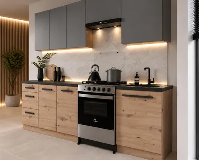 Produktbild von Küchenzeile 240 cm Modulküche Blockküche Küchenblock Einbauküche ohne Arbeitsplatte, LETANO Lovo 22 Grau/Artisan Eiche mit Push-To-Open