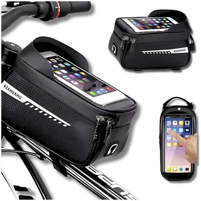 Zdjęcie produktu dla Sakwa rowerowa na ramę, wodoodporna torba na górną rurę z uchwytem i etui na telefon, pokrowiec, ekran dotykowy – idealna do nawigacji, do 6,5 cala