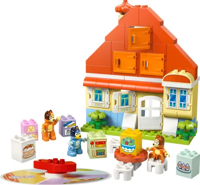 Produktbild von LEGO DUPLO Bluey: Blueys Familienhaus mit Memory-Spiel - Lernspielzeug für Kleinkinder - Inkl. 3 Minifiguren, aufklappbare Fenster und Brettspiel - Geschenk für Jungen & Mädchen ab 3 Jahren - 10459