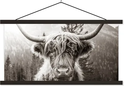 Produktbild von MuchoWow® Textilposter Kuh - Schottisches Hochlandrind - Schwarz - Weiß 90x45 cm mit schwarzem Rahmen - Klemmleisten