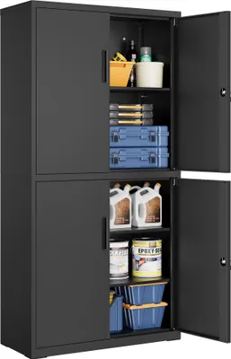 A black metal storage cabinet with its doors open, displaying various items inside.