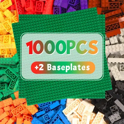 Produktbild von Klemmbausteine Bausteinset Bauklötze - 1000 Stück - 14 Farben - 19 Formen - Mit 2 Bauplatten