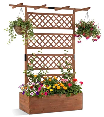 Produktbild von COSTWAY Blumenkasten mit Rankgitter, Rankhilfe, Sichtschutz, Spalier&Dach, Pflanzkübel, Pflanzkasten Tannenholz, Hochbeet, Blumenkübel, 100x55x183cm