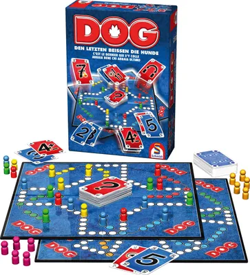 Produktbild von Schmidt Spiele Dog Brettspiel - Familienspiel für 2-6 Spieler ab 8 Jahren, Spieldauer 30-45 Min. - Spannendes Taktikspiel mit hohem Wiederspielwert, kooperativ - Inhalt: 1 Spielplan, 110 Spielkarten, 30 Spielfiguren - Verpackung: 190x67x275 mm (BxTxH) - Den letzten beißen die Hunde