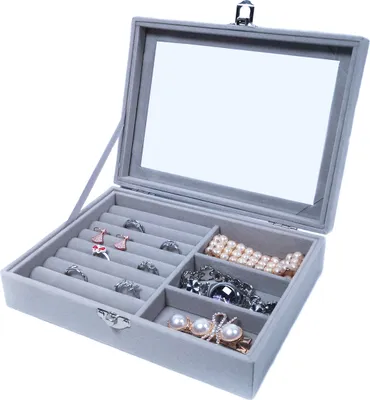 Produktbild von Schmucktablett Schmucklade Schmuckkästchen mit Glasdeckel grau für Ring + 3 Fächer