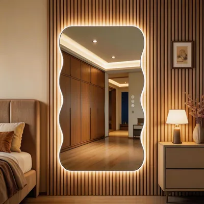 Zdjęcie produktu dla Lustro do łazienki LED, 139x91 cm, falisty kształt, funkcja zapobiegająca parowaniu, 3 barwy światła, możliwość regulacji jasności, sterowanie dotykowe
