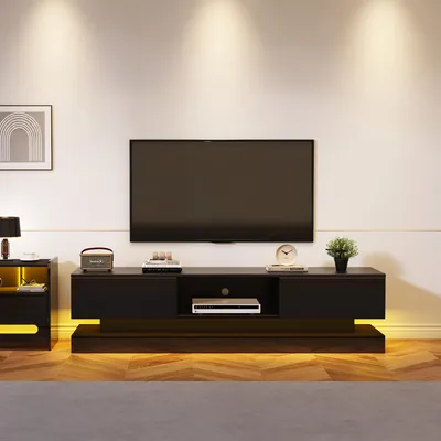 Productafbeelding van TV-kast met LED-verlichting, 160x35x40,5 cm, zwart glanzende TV-kast van spaanplaat met twee lades en app-bediening