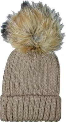 Produktbild von Damen Beanie Strickmütze mit Fellbommel - Hellbraun
