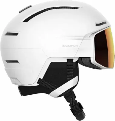 A white ski helmet with a gold visor is shown against a white background.