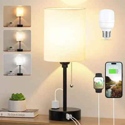 Produktbild von LED Tischleuchten,Nachttischlampe Dimmbar,LED Nachtlicht，USB-Anschluss & Wechselstromausgang, Leuchtmittel inklusive für Schlafzimmer, Wohnzimmer,Weiß