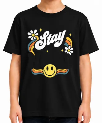Produktbild von Stay Weird Smiley Groovy 70er Retro Blumen Regenbogen Hippie Kinder T-Shirt, Schwarz, 128