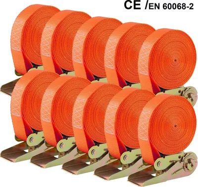 Immagine prodotto di Cinghie di fissaggio 10 pezzi - Cinghia di tensionamento a cricchetto - Larghezza cinghia 25 mm - Lunghezza cinghia 6 m - Forza di fissaggio 800 kg - 100% poliestere - Arancione