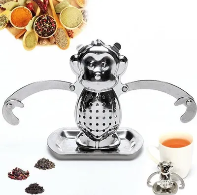 Produktbild von Teekugel, Teesieb in Affenform, Teefilter aus Edelstahl, Tee-Ei mit Abtropfschale, für Gewürze, Kräuter, Kaffee, Teekanne
