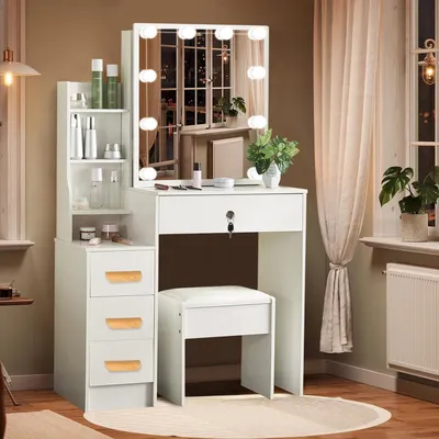 Image de Table de maquillage avec miroir et tabouret, table de coiffure avec éclairage LED, table de cosmétiques avec 4 tiroirs et 7 compartiments, dimensions : 83 x 36 x 139 cm