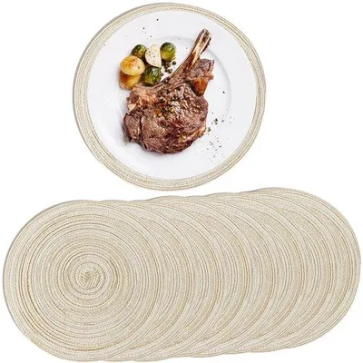 Imagen del producto de Uniqoos® Juego de 8 individuales redondos de 38 cm, color beige – Poliéster/algodón, resistente al calor hasta 70 °C, antideslizante, protege contra arañazos