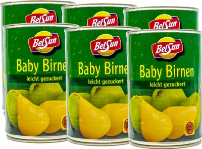 Produktbild von BelSun Ganze Baby Birnen leicht gezuckert 6 Dosen ATG 200g geschält