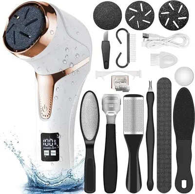 Image de Kit de pédicure électrique professionnel avec 3 embouts, 2 vitesses, écran LCD, rechargeable, étanche, blanc