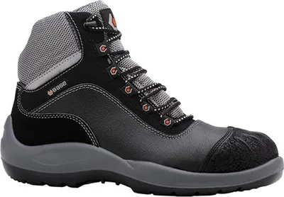 A studio shot of a black and gray work boot.