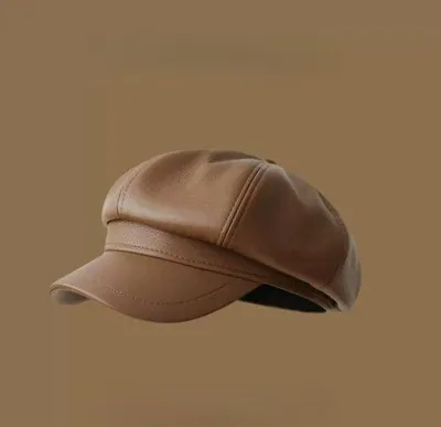 Zdjęcie produktu dla Beret ze skóry PU, czapka jesienno-zimowa, damska czapka z daszkiem, czapka w stylu brytyjskim, skórzany kapelusz, damski beret, sztuczna skóra, czapka taksówkowa, damska czapka zimowa, kolor khaki, kwadratowy kształt