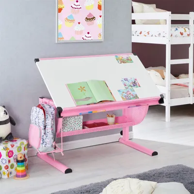 Produktbild von Kinderschreibtisch SARI höhenverstellbar in weiß/rosa, Schreibtisch für Kinder neigbar mit Rille für Stifte, Schülerschreibtisch mit Ablage und Rucksackhalterung