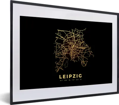 Produktbild von MuchoWow® Gerahmtes Poster Leipzig - Gold - Karte - Stadtplan 40x30 cm - Poster mit Schwarzem Bilderrahmen Wandposter Rahmen Foto Bilder - Bilderrahmen - Poster im Rahmen