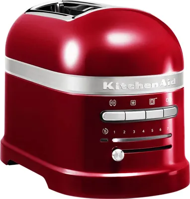 A red KitchenAid toaster is shown against a white background.
