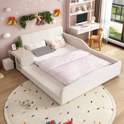 A child's bedroom decorated for Christmas, featuring a bed, desk, and chair.
