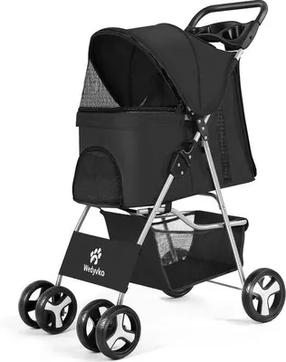 Image de Poussette pour chiens et chats, 4 roues, pliable, avec bac de rangement, poignée pivotante à 360°, freins, pour animaux de petite et moyenne taille, noir