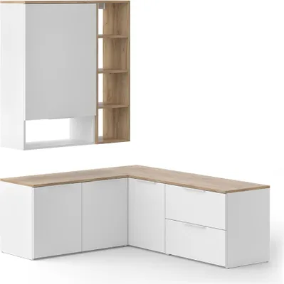 A modular wall unit and a corner cabinet with a wooden countertop, presented against a white background.