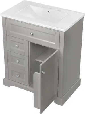 Produktbild von Flieks Badezimmerschrank mit Waschbeck, Standschrank Wäscheschrank mit 3 Schubladen und verstellbarer Ablage, Waschbecken mit Unterschrank, 76x46x87cm