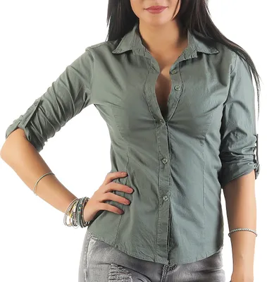Produktbild von 169 Mississhop Damen Klassische Hemdbluse Business Hemd Casual Bluse Oberteil Top Tunika T-Shirt tailliert Unifarben Uni Oliv L