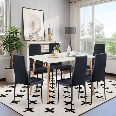 Image de Ensemble de salle à manger comprenant une table rectangulaire de 110 cm et 6 chaises, en blanc et noir
