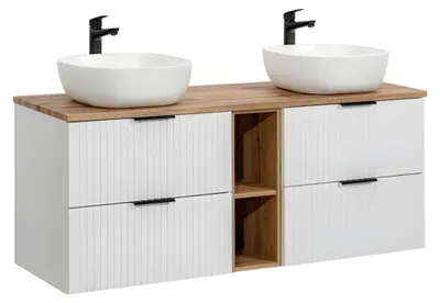 Image de Ensemble de salle de bain NOXERA 140 cm – Blanc mat et chêne wotan – 2 vasques à poser et niches ouvertes