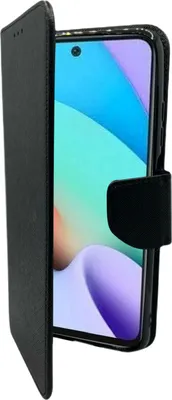 A black flip-style phone case is shown open, revealing a smartphone screen with a colorful wallpaper.