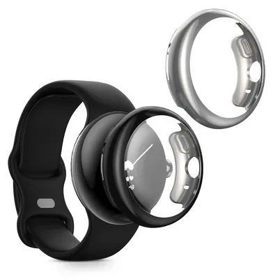 Produktbild von kwmobile 2x Silikon Hülle für Google Pixel Watch 2 / Pixel Watch 1 Schutzhülle - Fullbody Display Cover Set aus Silikon - Schwarz Silber