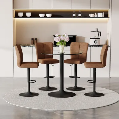 Produktbild von 5-teiliges Bar-Set Bartisch 89cm Sicherheitsglas schwarz Metall 4 Barhocker braun Stoff 360° höhenverstellbar modern skandinavisch Braun
