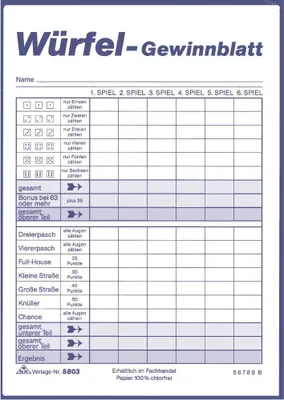 Image de RNK Verlag Jeu de dés Feuille de gain Bloc DIN A6 3 blocs de 85 feuilles chacun