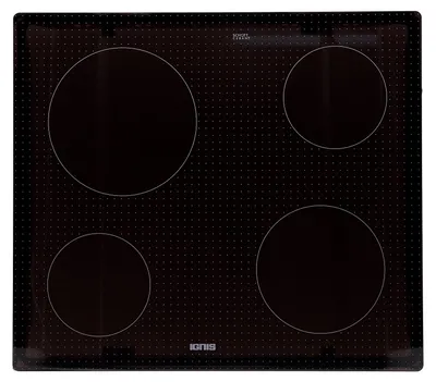 A top-down view of a black glass ceramic hob with four heating zones.
