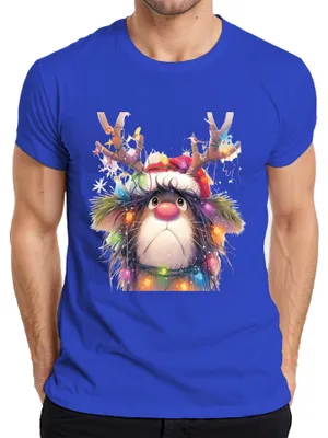 Zdjęcie produktu dla Koszulka męska Rudolf Reindeer Fairy Lights Christmas Cute Cartoon Gift, Niebieski, 3XL