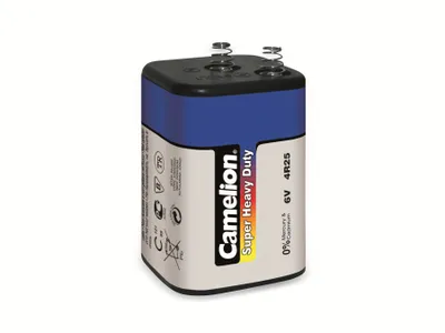 A Camelion 6V 4R25 Super Heavy Duty battery is shown against a white background.