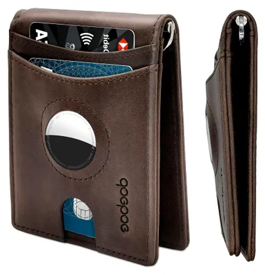 Produktbild von AirTag Wallet, Echtes Leder Kreditkarte Bifold Wallet mit Geldscheinklammer, Minimalistische RFID Blocking Slim Front Pocket Wallet, Airtags Halter Zubehör für Herren Damen mit Geschenkbox